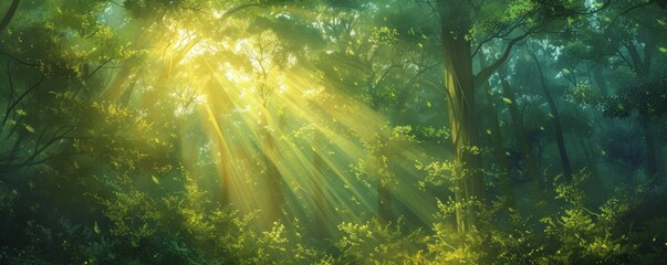 Fototapeta na wymiar Sunlight streaming through a lush green forest