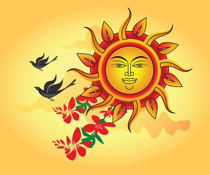Sri Lankan Traditional Sun Face line art drawing. Sinhala and Tamil New Year element