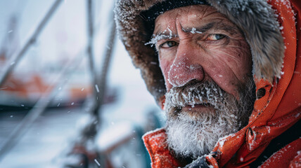 An elderly bearded sailor in a frosty environment - obrazy, fototapety, plakaty