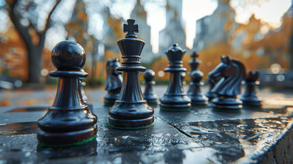 A close-up of chess pieces on a board outdoors