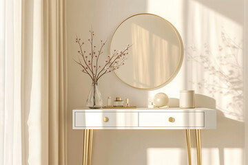 moderner, minimal beige Schminktisch, Zweig Glasvase, runde Kosmetikspiegel in Creme Wand für Luxus Schönheit, Kosmetik