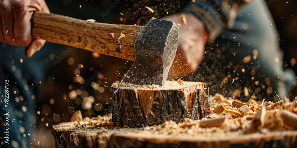 Wall mural lumberjack splitting log with axe, wood chips flying