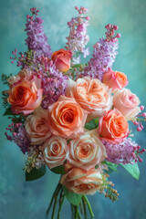 Obraz na płótnie Canvas Vibrant Bouquet of Roses and Lilacs on Pastel Backdrop