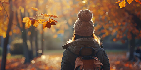 Young beautiful woman in a hat in an autumn park, a string bag with oranges, a woman throws up autumn leaves  Autumn forest mood  bright colors of nature adult girl walking away alone on path in autum - obrazy, fototapety, plakaty