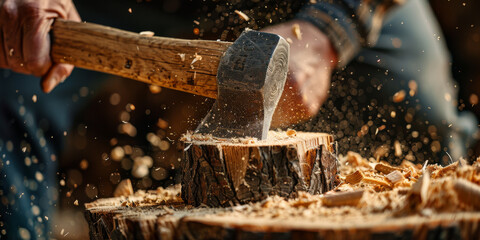 Lumberjack Splitting Log with Axe, Wood Chips Flying - obrazy, fototapety, plakaty