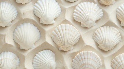 A harmonious pattern of white seashells neatly arranged on a textured sandy background, invoking a sense of calm and natural beauty in a simplistic design. Minimal summer beach concept.	