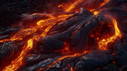 Glowing lava flows on dark volcanic rock