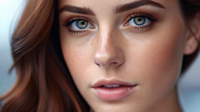 Beautiful caucasian woman with red hair and freckles looking at camera. Portrait of gorgeous woman