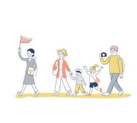 ツアー旅行　案内するガイドさんとツアー客