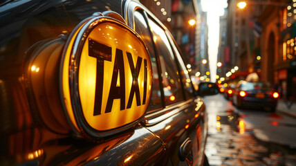 Taxi sign on a car at night in a city.