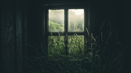 window in an old house in the woods, abandoned house overgrown with grass