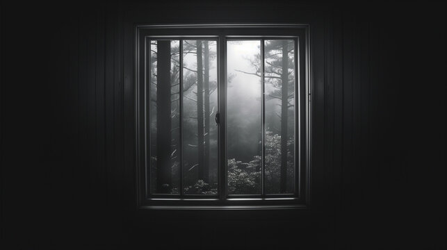 window in an old house in the woods, black and white photo