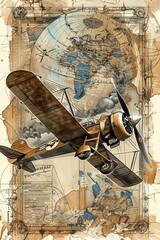 Illustrate Aviation Milestones in a traditional art medium with intricate details and a vintage feel, showcasing the evolution of flight in a nostalgic and educational way