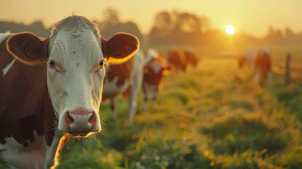 Foto op Plexiglas A cow in a field at sunrise. © SashaMagic