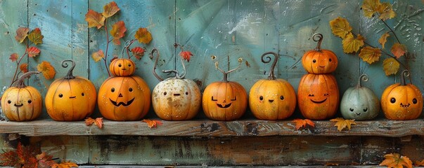 Pumpkins cute, lined up for autumn's festive parade