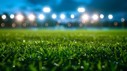 Universal grass stadium illuminated by spotlights and empty green grass playground. football. Generative Ai.