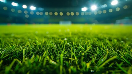 Universal grass stadium illuminated by spotlights and empty green grass playground. football. Generative Ai. - obrazy, fototapety, plakaty