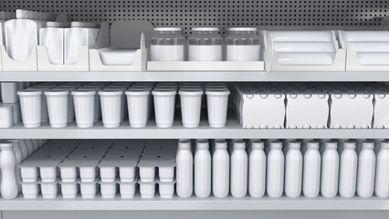 Supermarket grocery shelves mockup with shelf talkers, shelf stoppers and blank dairy products in plastic packaging and glass jars. 3d illustration