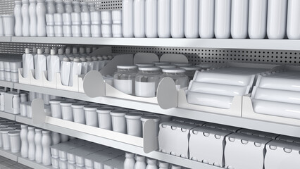 Retail shelves mockup close-up with blank dairy products, shelf talkers and shelf stoppers. 3d illustration