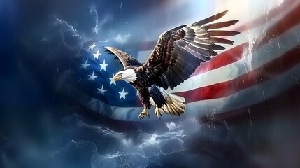 Bald eagle flies against American flag background created with generative AI technology. Memorial day, Independence Day, Veterans Day. - obrazy, fototapety, plakaty