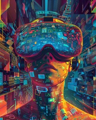 Capture the essence of virtual reality neural implants merged with Maslows hierarchy of needs in a vector art piece, incorporating a birds eye view for a unique perspective