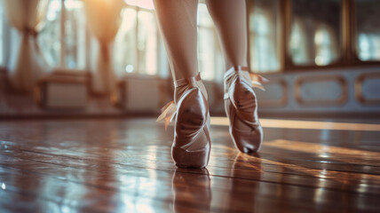 Ballerina on pointe shoes in a dance studio - obrazy, fototapety, plakaty