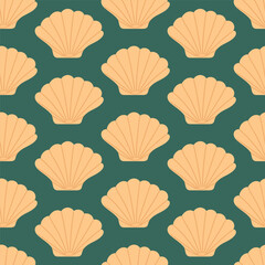 Seamless pattern with hand drawn seashell on emerald background. Template for print, fabric, greeting card and invitation. Vector illustration