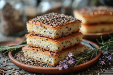 Caraway seed cake. Seed cake is a traditional British cake flavoured with caraway or other flavoursome seeds - 782289152