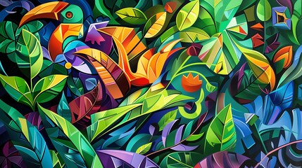 Capture the vibrant chaos of a Jungle Exploration in Surrealistic Cubism style, with sharp angles and vivid colors, portraying exotic creatures and lush foliage
