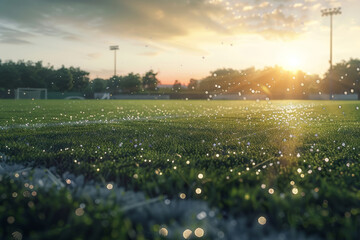Serene Soccer Field Morning Dew with Sunrise