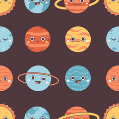 Seamless pattern with planets characters. Printing on textiles, wallpaper, wrapping paper. Vector illustration in flat style