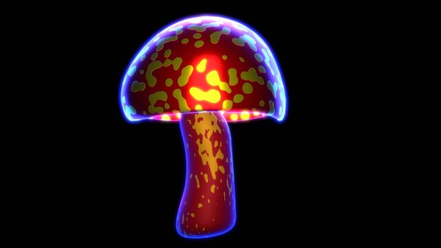 Colorful glowing mushroom. Glowing magical mushroom against black background.
Magic mushroom with vivid colors. 3d render illustration