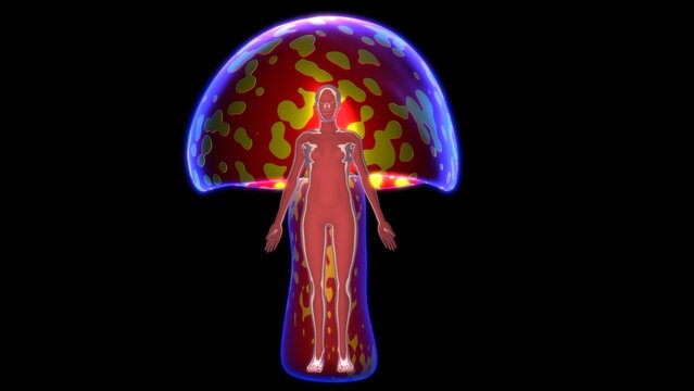 Magic mushroom with human body. Psychedelic Healing. Colorful glowing mushroom with female body. Glowing magic mushroom with woman.
Healing plants. Mind altering fungi. 3d render illustration