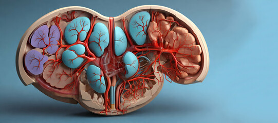 Kidneys, Human kidney anatomy cross section, scientific, two bean shaped organs, 3d, urinary system, renal system or urinary tract, consists ureters, bladder,transplantation, kidneys background genera - obrazy, fototapety, plakaty