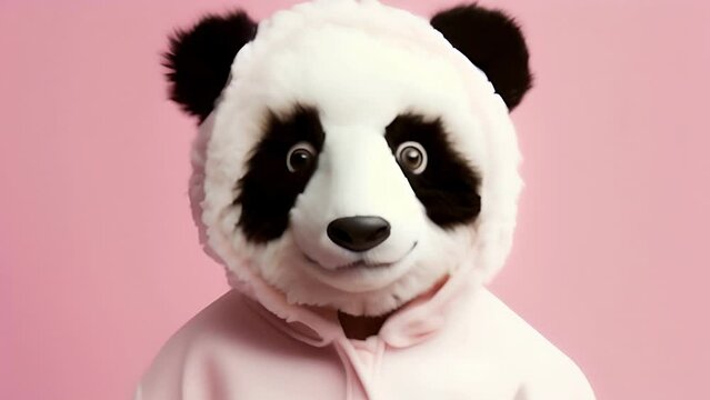 A Funny character with the head of a cute panda in a pink jacket on a solid background