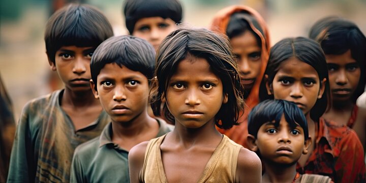 group of skinny hungry poor children