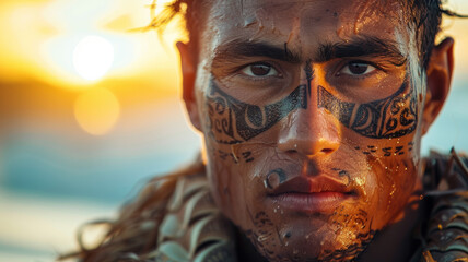 Maori man with traditional face tattoo at sunset.