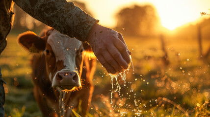 Farmer feeding a cow at sunset