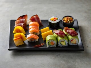 Close up  roll sushi with vegetables on white rice plate