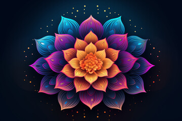 Vector illustration of neon light lotus flower in paper cut style Indian mandala,