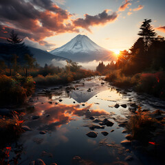 Majestic Mount Fuji at sunrise: A breathtaking view with vibrant reflections