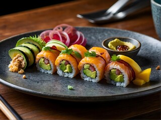 Close up  roll sushi with vegetables on white rice plate