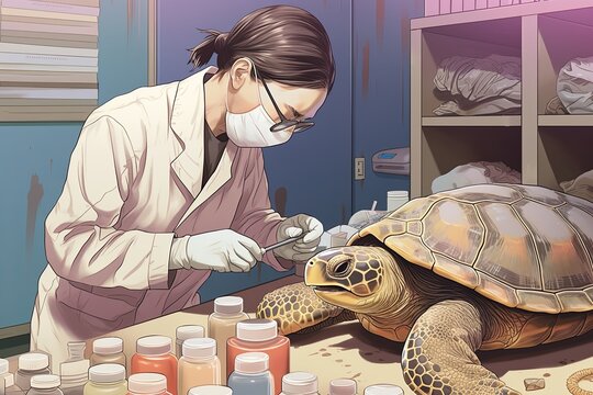 A veterinarian gently bandaging a turtle's shell in a well-lit clinic, surrounded by posters of wildlife conservation