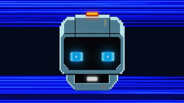 Fantastic adventure action vintage game fun character. 16 bit retro robot fast flight in abstract technology space
