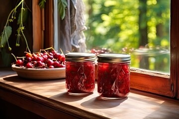 Cherries Compote in Glass Jars, Canned Fruit Drinks, Homemade Cherries Jam Jars on Rustic Window