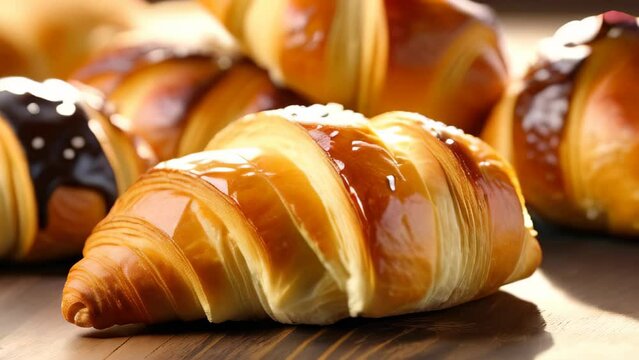 Fresh cragel (croissant and bagel) background isolated closeup slow motion. Mashup food concept. Freshly Baked Croissants on wooden table. Production At Bakery. Delicious Pastries