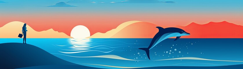 At a beach, a vet uses a stethoscope on a dolphin ashore, with the gentle sea waves providing a calming backdrop, graphic illustration, abstract Memphis, minimalist, clean background