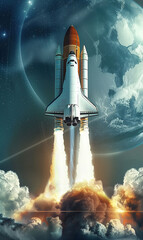 space shuttle launching, spaceship taking off, discovery and exploration concept