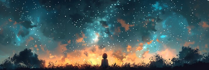 Whimsical 2D Illustration from Person Under Starry Sky - obrazy, fototapety, plakaty