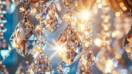 Sparkling Crystal Chandelier Close-Up with Warm Glowing Light